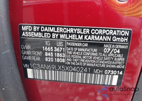 2005 Chrysler Crossfire Limited из США, поврежденный, VIN 1C3AN69LX5X040241